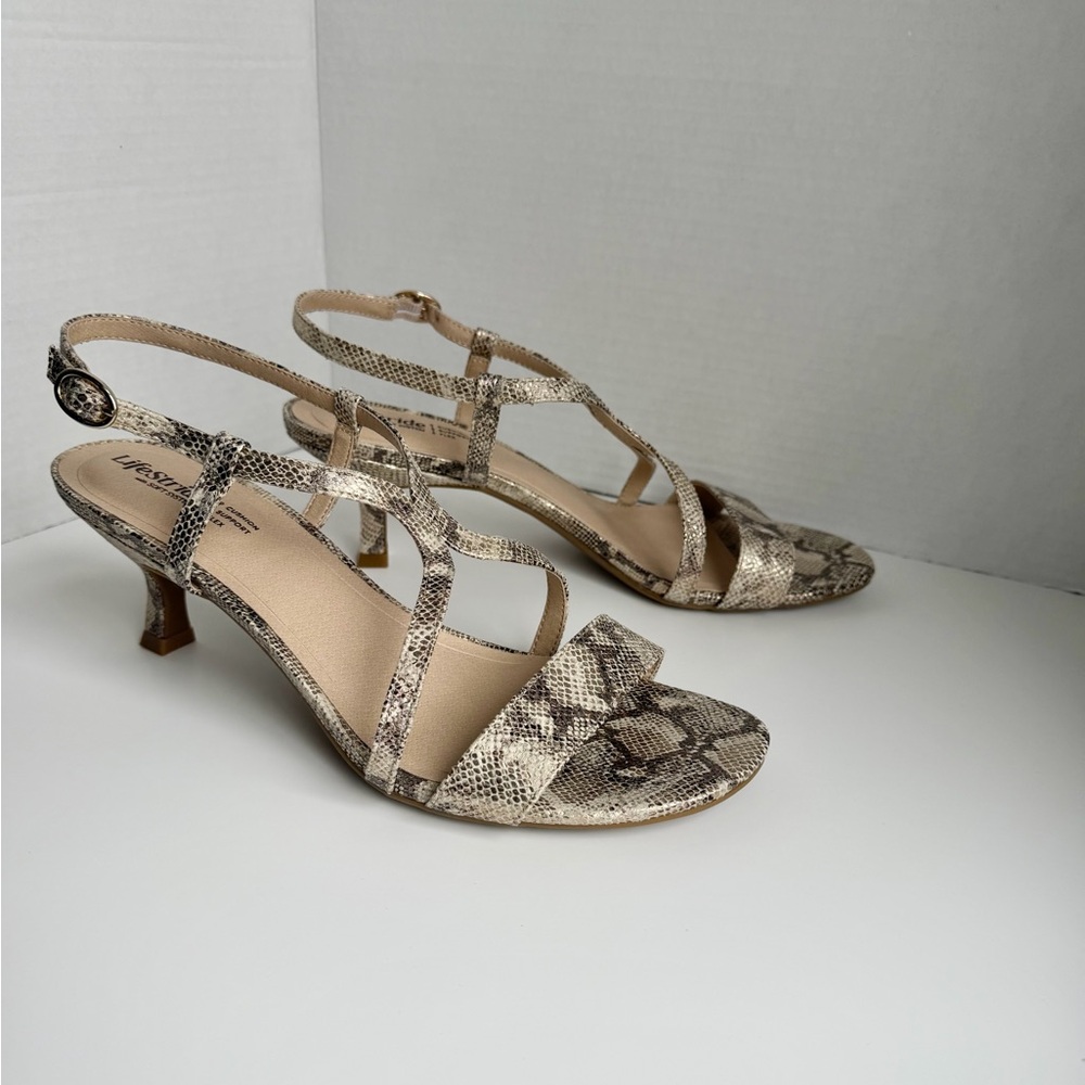 LifeStride Nolita Snakeskin Strappy Sandals Taupe Kitten Heel 10M Dress Shoes